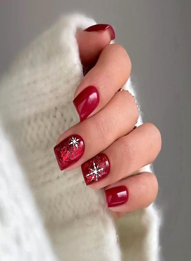 Vopintpy Red Christmas Press on Nails Short Square Winter Fake Nails Xmas Snowflake Acrylic False Nail Glossy Artificial Glue on Nail for Women DIY Manicure Decor - Image 1